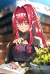  1girl absurdres baobhan_sith_(fate) baobhan_sith_(swimsuit_pretender)_(fate) baobhan_sith_(swimsuit_pretender)_(second_ascension)_(fate) blood blurry blurry_background book bookshelf colored_inner_hair fate/grand_order fate_(series) glasses grey_eyes hair_ornament highres light_rays long_hair long_sleeves looking_at_viewer multicolored_hair nail_polish open_mouth plant pointy_ears red_nails redhead satsuki_ame sidelocks solo teeth twitter_username upper_body 