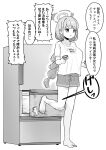  1girl barefoot blue_archive braid breasts calciumin eimi_(blue_archive) full_body greyscale halo highres large_breasts long_hair monochrome open_mouth refrigerator shirt short_sleeves shorts simple_background single_braid solo speech_bubble translation_request white_background 