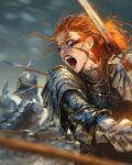  1girl armor blood blood_on_weapon blurry blurry_background blurry_foreground facial_mark glint helmet highres knight loose_hair_strand nose open_mouth orange_hair original polearm reflection sam_yang shouting solo_focus spear sunlight sword teeth weapon 