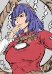  1girl hair_ornament highres leaf_hair_ornament mirror purple_hair red_eyes red_shirt shirt solo touhou upper_body yagamiyami11 yasaka_kanako 