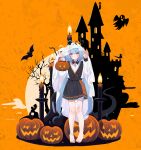  1girl absurdres ahoge alternate_costume animal anklet bandaged_leg bandages bare_tree barefoot bat_(animal) black_dress black_skirt blue_hair blush candle closed_mouth dress fire full_body ghost ghost_costume griseo halloween halloween_bucket halloween_costume happy_halloween highres holding honkai_(series) honkai_impact_3rd incredibly_absurdres jack-o&#039;-lantern jewelry long_hair long_sleeves looking_at_viewer moon orange_background ouya_(pixiv_52685215) pleated_skirt pumpkin ribbon shirt skirt solo standing tree twintails very_long_hair violet_eyes white_shirt 