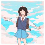  1girl arms_up artist_name bag bag_charm bare_legs black_hair blue_skirt blue_sky blue_sweater_vest blush_stickers border brown_bag charm_(object) clouds cloudy_sky collared_shirt commentary day dot_nose dress_shirt english_commentary facing_viewer feet_out_of_frame highres iwakura_mitsumi kaogens legs_apart long_sleeves necktie outdoors parted_bangs pleated_skirt red_necktie school_bag school_uniform shirt short_hair skip_to_loafer skirt sky smile solo sweater_vest v-shaped_eyebrows white_border white_shirt 