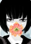  1girl black_eyes black_hair black_sailor_collar bob_cut commentary_request covered_mouth disembodied_eye expressionless flower flower_over_mouth grey_background looking_at_viewer maki_(nasulily) nene_nene pale_skin pink_flower portrait sailor_collar sanpaku short_hair solo utau 