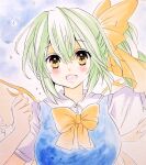  1girl :d alternate_eye_color arm_up blue_background blue_dress blush bow bowtie breasts daiyousei dot_nose dress eyelashes fairy_wings green_hair hair_between_eyes hair_bow head_tilt looking_at_viewer marker_(medium) matsuppoi multiple_wings shikishi shirt short_hair short_sleeves side_ponytail simple_background smile solo sparkle star-shaped_pupils star_(symbol) symbol-shaped_pupils teeth touhou traditional_media upper_body upper_teeth_only white_shirt wings yellow_bow yellow_bowtie yellow_eyes 