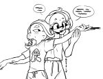  2girls ahoge artist_name blush boffix dancing drawstring ear_blush earrings fang frye_(splatoon) greyscale hair_over_one_eye hand_fan hand_on_another&#039;s_wrist highres hikimayu holding holding_another&#039;s_arm holding_another&#039;s_wrist holding_fan holding_hands inkling jewelry long_eyelashes looking_at_another medium_hair midriff mole mole_on_forehead mole_under_mouth monochrome multiple_earrings multiple_girls nervous octoling pants parted_lips shark_tooth shirt shiver_(splatoon) short_eyebrows sleeveless sleeveless_shirt speech_bubble splatoon_(series) splatoon_3 squid_print suction_cups sweatpants t-shirt tentacle_hair tied_drawstring tooth_earrings yuri 