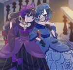  2girls arm_grab bat_ornament black_gloves black_hair blue_dress blue_eyes blue_flower blue_hair blue_rose blunt_bangs blurry blurry_background bob_cut bow choker closed_mouth commentary_request delicious_party_precure depth_of_field dress flower fuwa_kokone gloves green_eyes grey_gloves hair_bow hair_flower hair_ornament halloween halloween_costume head_tilt highres holding holding_mask jewelry kasai_amane long_dress long_hair looking_at_viewer mask masquerade_mask miisu_(minirose) multiple_girls necklace off-shoulder_dress off_shoulder partial_commentary precure print_dress purple_bow purple_choker purple_flower purple_rose rose short_hair side-by-side smile spider_web_print standing 
