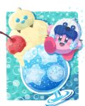  blue_eyes blush_stickers cherry commentary_request copy_ability drink food food_focus frosty_ice_kirby fruit highres ice ice_cream ice_cream_float ice_cube kirby kirby_(series) miclot mr._frosty no_humans open_mouth smile snowflakes 