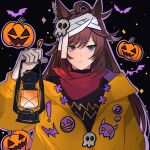  1girl ahoge alternate_costume animal_ears bandaged_head bandages bandana black_background black_shirt blue_eyes brown_hair closed_mouth coat duramente_(umamusume) expressionless halloween highres holding holding_lantern horse_ears jack-o&#039;-lantern kerosene_lamp kukmmo lantern long_hair long_sleeves looking_at_viewer orange_coat purple_outline shirt solo sparkle straight-on turtleneck umamusume upper_body 