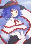  144udy 1girl absurdres black_headwear black_skirt blue_hair bow capelet clouds commentary frilled_capelet frills hat hat_bow highres long_sleeves looking_at_viewer nagae_iku outdoors purple_hair red_bow red_eyes shirt short_hair skirt solo touhou white_capelet white_shirt 