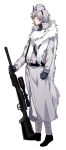  1boy absol cigarette coat full_body gloves grey_coat grey_gloves grey_hair grey_headwear gun hat katagiri_hachigou long_sleeves male_focus pelt personification pokemon red_eyes rifle scope short_hair simple_background solo standing weapon white_background 