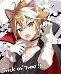  1boy alternate_costume animal_ears bat_(animal) bishounen blood blood_on_face brown_hair dog_boy dog_ears genshin_impact gloves gorou_(genshin_impact) green_eyes halloween_costume highres iroiro_0w0 male_focus paw_pose short_hair solo vampire_costume white_gloves 