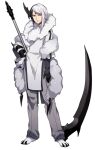  1boy absol bandaged_arm bandages black_gloves black_hair closed_mouth full_body gloves grey_pants hand_on_own_hip katagiri_hachigou male_focus multicolored_hair pants personification pokemon red_eyes scythe simple_background single_glove solo split-color_hair two-tone_hair v-shaped_eyebrows white_background white_hair 