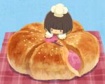  1girl anpan bread brown_hair chef_hat cherry_blossoms food food_focus hat miclot mini_person minigirl original short_hair solo 