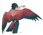  1boy artist_name bird_boy bird_tail bird_wings black_hair closed_mouth colored_tips cowboy_shot ear_piercing feathered_wings green_eyes hands_up head_wings highres looking_at_viewer looking_back male_focus multicolored_hair original piercing red_wings redhead short_hair shuini_xiaomao simple_background solo standing tail white_background wings 