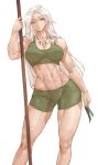  abs bare_arms bare_legs earrings green_eyes green_ribbon green_shorts green_tank_top highres holding holding_ribbon holding_staff jewelry long_eyelashes long_hair looking_at_viewer midriff muscular muscular_female necklace original ribbon shorts staff standing tank_top tezy8art white_background white_hair 