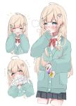  ahoge blonde_hair blue_eyes bow bowtie braid daizu_8432 hair_ornament holding hololive kazama_iroha open_mouth scarf school_uniform sweater 