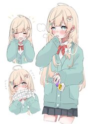  ahoge blonde_hair blue_eyes bow bowtie braid daizu_8432 hair_ornament holding hololive kazama_iroha open_mouth scarf school_uniform sweater 