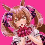 1girl :o akamaru_(0412_03) animal_ears bow brown_eyes brown_hair commentary_request dutch_angle hair_bow hands_on_own_face hands_up highres horse_ears horse_girl horse_tail looking_at_viewer open_mouth pink_background pink_bow puffy_short_sleeves puffy_sleeves purple_bow red_bow shirt short_sleeves simple_background smart_falcon_(umamusume) solo tail twintails umamusume white_shirt wrist_cuffs 
