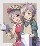  1boy 1girl brother_and_sister clanne_(fire_emblem) closed_mouth fang fire_emblem fire_emblem_engage framme_(fire_emblem) grey_hair hat hat_ribbon highres holding long_sleeves looking_at_viewer miraioranji one_eye_closed ribbon scarf short_hair siblings simple_background smile twins yellow_eyes 