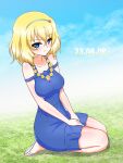  1girl absurdres blonde_hair blue_dress blue_eyes blue_hairband blue_sky blush casual closed_mouth clouds cloudy_sky dated day dress earlobe1514366 flower flower_necklace from_side frown girls_und_panzer grass hairband hands_on_lap highres kneeling looking_at_viewer medium_dress medium_hair messy_hair multi-strapped_dress oshida_(girls_und_panzer) outdoors sandals sky solo sweatdrop white_footwear 