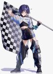  1boy auaua_0511 bishounen checkered_flag flag genshin_impact highres holding holding_flag male_focus one_eye_closed purple_hair racequeen scaramouche_(genshin_impact) short_hair shorts simple_background solo thighs violet_eyes white_background 