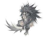  1boy animal_ears animal_feet animal_hands body_fur claws closed_mouth fang full_body grey_fur grey_hair hair_between_eyes highres leviair long_hair looking_at_viewer male_focus monster_boy original sidelocks simple_background slit_pupils solo squatting tail very_long_hair white_background wolf_boy wolf_ears wolf_tail yellow_eyes 