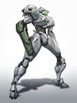  1girl alternate_costume arm_cannon armor cho_yonghee full_armor full_body gradient_background grey_background helmet highres metroid power_armor samus_aran shadow solo standing weapon white_background 