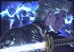  1boy black_gloves blue_coat blue_eyes closed_mouth coat devil_may_cry_(series) devil_may_cry_5 fingerless_gloves gloves highres holding holding_sword holding_weapon jhony_caballero katana male_focus short_hair solo sword vergil_(devil_may_cry) weapon white_hair yamato_(sword) 