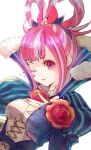  1girl blue_dress breasts dress fire_emblem fire_emblem_engage flower folded_twintails hime_cut hortensia_(fire_emblem) medium_breasts multicolored_hair one_eye_closed pink_eyes pink_hair red_flower red_rose rose sidelocks solo striped striped_dress tiara toro_astro two-tone_dress two-tone_hair vertical-striped_dress vertical_stripes 