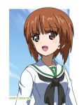  1girl artist_name black_neckerchief blue_sky brown_eyes brown_hair clouds cloudy_sky commentary dated day girls_und_panzer highres long_sleeves looking_to_the_side naotosi neckerchief nishizumi_miho ooarai_school_uniform open_mouth outdoors outside_border sailor_collar school_uniform serafuku shirt short_hair sky smile solo upper_body white_sailor_collar white_shirt 
