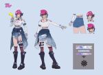  beanie blue_hair blue_shorts boots bracelet character_name closed_mouth concept_art earrings english_text fingerless_gloves full_body gloves hat headphones headphones_around_neck highres jewelry k-pop kiriko_(overwatch) kunai le_sserafim official_alternate_costume official_art ofuda open_hand overwatch overwatch_2 pink_headwear short_hair shorts simple_background thigh_strap weapon white_gloves white_sleeves 