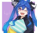 1girl ;d @_@ animal_ears artist_name blue_hair border bow box casual crossed_bangs gift gift_box hair_between_eyes hair_bow highres hnmk5874 holding holding_gift hood hoodie horse_ears horse_girl long_hair long_sleeves looking_at_viewer multicolored_clothes multicolored_hoodie official_alternate_costume one_eye_closed open_mouth outside_border purple_background sharp_teeth sidelocks smile solo striped striped_bow teeth twin_turbo_(umamusume) twintails umamusume upper_body upper_teeth_only v-shaped_eyebrows violet_eyes white_border 