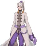  1boy closed_mouth full_body hair_ornament hair_over_one_eye hair_stick katagiri_hachigou long_hair long_sleeves male_focus mienshao pants personification pokemon ponytail purple_pants red_eyes simple_background solo tassel white_background white_hair 