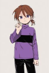  1boy ai-assisted bandit_(kuku88) black_pants brown_hair child colokhan commentary cowboy_shot english_commentary highres light_frown long_sleeves looking_at_viewer male_focus original pants ponytail powerpuff_girls purple_shirt shirt short_ponytail standing violet_eyes white_background 
