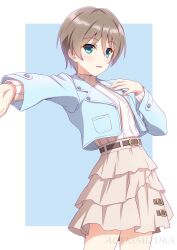  1girl artist_name blue_background blue_eyes blue_jacket border brown_hair commentary_request cowboy_shot frilled_skirt frills harumiya_yukuri highres ikizulive!_love_live!_bluebird indoors jacket kimizuka_aoi long_sleeves looking_at_viewer love_live! open_clothes open_jacket open_mouth outside_border parted_lips ribbed_sweater simple_background skirt smile solo sweater white_border white_skirt white_sweater 