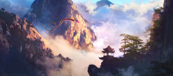  architecture blue_sky clouds commentary dragon dragon_horns east_asian_architecture eastern_dragon eastern_dragon_horns english_commentary flying gazebo horns landscape mountain mountainous_horizon no_humans original outdoors painterly scenery sky sylvain_sarrailh tree web_address 