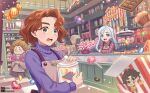  3girls bakery blue_eyes brown_eyes brown_hair candy character_request dress food fur_trim harry_potter:_magic_awakened holding holding_jar jar lollipop long_hair multiple_girls nightcat open_mouth overalls purple_sweater shop short_hair sweater white_hair 