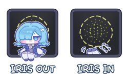  1girl :3 blue_eyes blue_hair chibi chibi_only commentary_request cursor cursor_hair_ornament english_text falling full_body hair_over_one_eye highres i.r.i.s._(wuthering_waves) iris_out_(song) jacket jitome korean_commentary long_sleeves looking_at_viewer monyami short_hair sitting wuthering_waves 