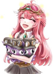 1girl absurdres aivy_lovencraft closed_eyes craftito ericoatl fanart goggles goggles_on_head green_eyes happy_birthday highres hug indie_virtual_youtuber long_hair pink_hair smile spanish_commentary virtual_youtuber vtuber vtuberfanart white_background