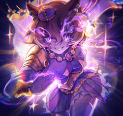  1girl absurdres animal_ears armor breasts cape commentary crown english_commentary eye_trail glowing glowing_eyes gold_corset hair_between_eyes highres horse_ears horse_girl hyuhyu09 light_trail long_sleeves looking_at_viewer medium_breasts mini_crown open_mouth orange_hair pink_cape pink_crown running shirt short_hair shoulder_armor skirt smile solo t.m._opera_o_(o_sole_suo!)_(umamusume) t.m._opera_o_(umamusume) teeth thigh-highs two-tone_skirt umamusume violet_eyes white_shirt white_thighhighs 