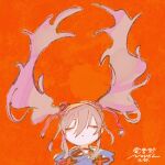  1girl aged_down brown_hair closed_eyes closed_mouth commentary_request copyright_name denonbu facing_viewer hair_between_eyes hair_spread_out highres kiato long_hair lying ogami_matoi on_back orange_background solo twintails upper_body 