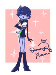  1girl artist_name blue_hair blue_skin boots colored_skin commentary_request crop_top cropped_jacket crown earrings elbow_gloves gloves highres indie_virtual_youtuber jewelry knee_boots long_sleeves looking_at_viewer narrowed_eyes orange_eyes shorts signature simple_background single_sleeve smile solo standing sumeragi_yuzuru sumeragi_yuzuru_(artist) toon_(style) virtual_youtuber 