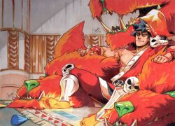  1boy barefoot biceps black_hair black_sclera carpet cathiane cerberus_(hades) colored_sclera commentary dated english_commentary fangs greek_mythology hades_(series) hades_1 highres laurel_crown looking_up lounging lying_on_animal male_focus muscular muscular_arms muscular_male nipples one_eye_closed pants pectorals raised_eyebrow red_eyes red_fur red_pants red_toga signature skull_ornament spiky_hair tongue tongue_out watermark zagreus_(hades) 