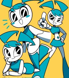  1girl android blue_boots blue_hair blue_tank_top boots colored_skin commentary gonggi hand_on_own_hip highres humanoid_robot jenny_wakeman joints my_life_as_a_teenage_robot nickelodeon pointing robot robot_girl robot_joints screw tank_top twintails untranslatable_commentary white_skin yellow_background 