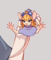  1girl 1other animal_ears animal_feet animal_nose annoyed arms_up artist_name barefoot blue-framed_eyewear blue_eyes body_fur carrying carrying_person chip_'n_dale_rescue_rangers closed_mouth commentary eyewear_on_head feet furry furry_female gadget_hackwrench goggles grey_background highres jumpsuit long_hair looking_afar mickey_mouse_&amp;_friends mini_person minigirl mouse_ears mouse_girl mouse_tail orange_hair purple_jumpsuit scruffing sidelocks signature simple_background soles solo_focus spread_legs spread_toes spuydjeks tail toes v-shaped_eyebrows whiskers 