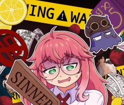 1girl aivy_lovencraft craftito english_commentary english_text fanart gaby_joestar glasses goggles goggles_on_head green_eyes indie_virtual_youtuber long_hair monocle pink_hair virtual_youtuber vtuber vtuberfanart