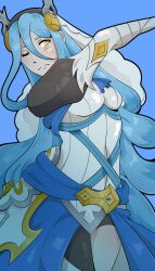  1girl azura_(fire_emblem) azura_(song's_reflection)_(fire_emblem) blue_background blue_hair closed_mouth double-parted_bangs dress english_commentary fake_horns fire_emblem fire_emblem_fates fire_emblem_heroes floating_hair hair_between_eyes hairband highres horns juliet_sleeves light_frown long_hair long_sleeves one_eye_closed puffy_sleeves purpleaur_a simple_background solo tassets upper_body veil very_long_hair white_dress white_veil yellow_eyes 