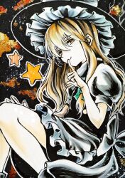  1girl apron back_bow black_hat black_skirt black_vest blonde_hair bow closed_mouth commentary_request finger_to_mouth green_bow hair_bow hat hat_bow highres ikeda_ruriko kirisame_marisa long_hair looking_at_viewer puffy_short_sleeves puffy_sleeves short_sleeves shushing skirt smile solo star_(symbol) touhou vest waist_apron white_apron white_bow witch_hat yellow_eyes 