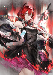  1girl absurdres arknights arknights:_endfield black_dress black_gloves chinese_commentary commentary_request cowboy_shot demon_girl demon_horns detached_sleeves dress food gloves highres holding holding_food holding_popsicle horns laevatain_(arknights) long_sidelocks melting_popsicle popsicle red_hair short_hair sidelocks slit_pupils solo surtr_(arknights) sword violet_eyes weapon yiyanbanshengchou 