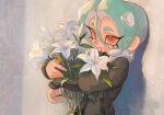  against_wall black_jacket blue_hair commentary_request cyrenaci dangle_earrings earrings flower hair_between_eyes highres holding holding_flower jacket jewelry long_sleeves octoling octoling_boy red_eyes shadow short_hair splatoon_(series) vanilla wall watermark 